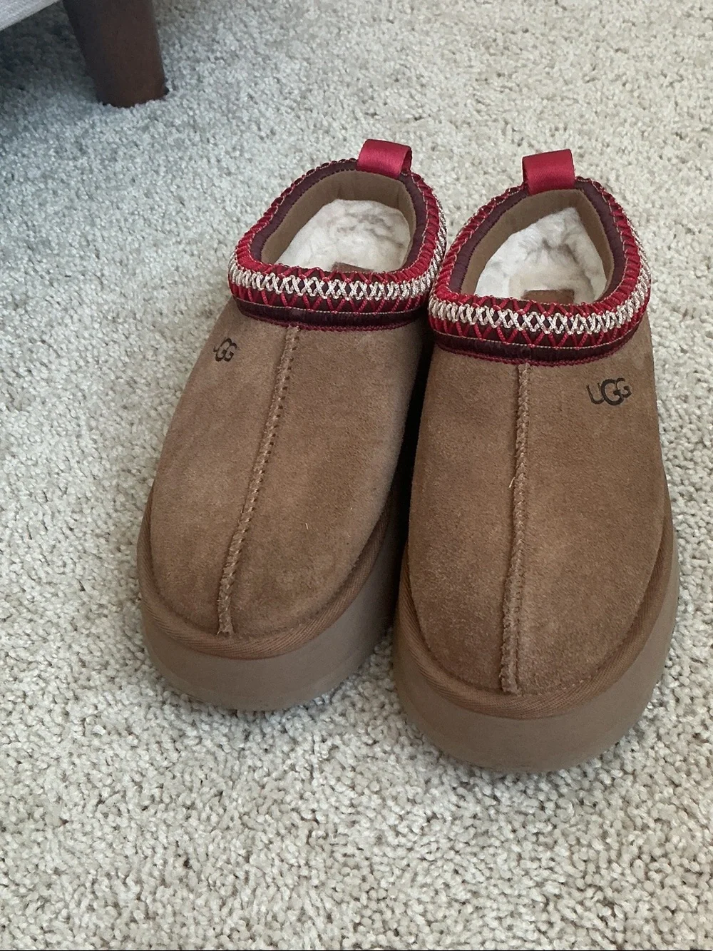 UGG Kids Tan Suede Slip-On Slippers with Red Trim